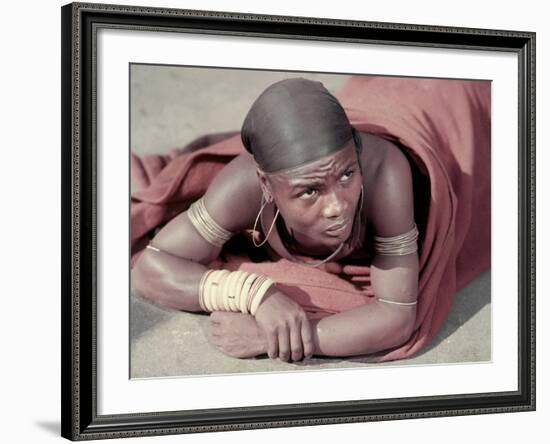 Tembu Miner Wearing Red Ochre Dyed Blanket Awaits Medial Check, Johannesburg, South Africa 1950-Margaret Bourke-White-Framed Photographic Print