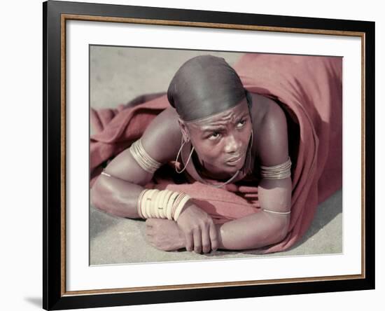 Tembu Miner Wearing Red Ochre Dyed Blanket Awaits Medial Check, Johannesburg, South Africa 1950-Margaret Bourke-White-Framed Photographic Print