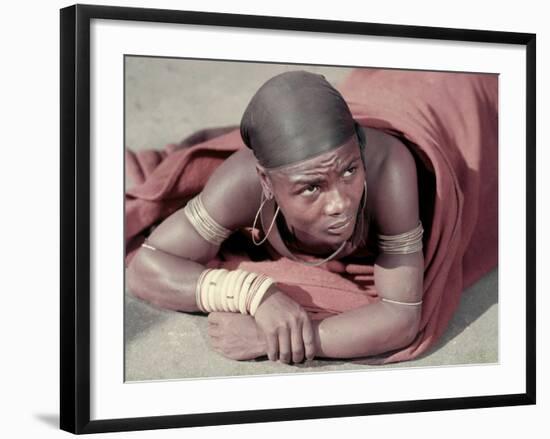 Tembu Miner Wearing Red Ochre Dyed Blanket Awaits Medial Check, Johannesburg, South Africa 1950-Margaret Bourke-White-Framed Photographic Print