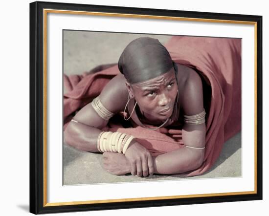 Tembu Miner Wearing Red Ochre Dyed Blanket Awaits Medial Check, Johannesburg, South Africa 1950-Margaret Bourke-White-Framed Photographic Print