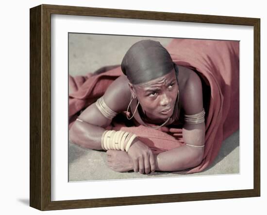 Tembu Miner Wearing Red Ochre Dyed Blanket Awaits Medial Check, Johannesburg, South Africa 1950-Margaret Bourke-White-Framed Photographic Print