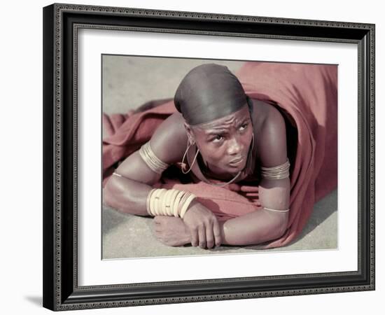 Tembu Miner Wearing Red Ochre Dyed Blanket Awaits Medial Check, Johannesburg, South Africa 1950-Margaret Bourke-White-Framed Photographic Print