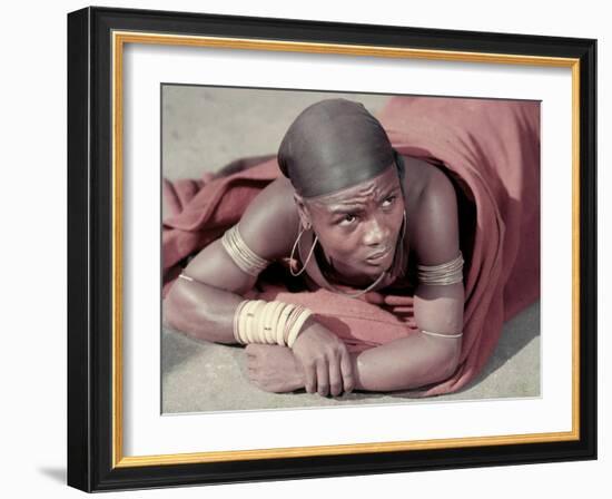 Tembu Miner Wearing Red Ochre Dyed Blanket Awaits Medial Check, Johannesburg, South Africa 1950-Margaret Bourke-White-Framed Photographic Print