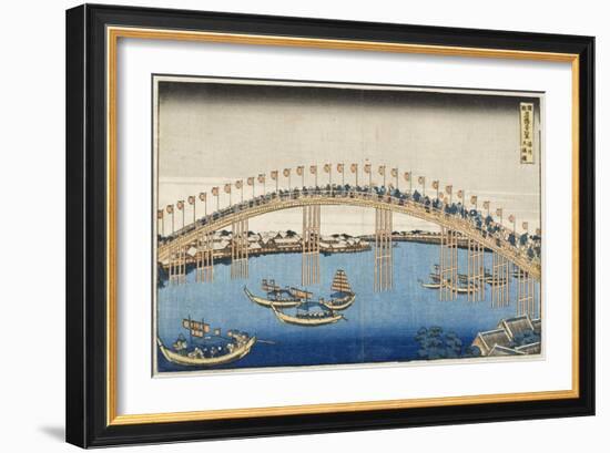 Temma Bridge, Settsu Province, Series Wondrous Views of Famous Bridges, Various Provinces, c.1835-Katsushika Hokusai-Framed Giclee Print