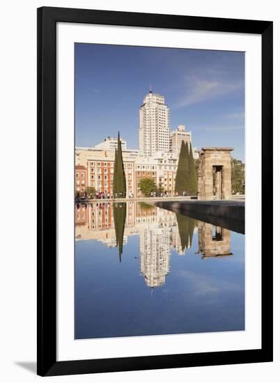 Temple of Debod (Templo de Debod), Parque del Oeste, Edificio Espana tower in the background, Madri-Markus Lange-Framed Photographic Print