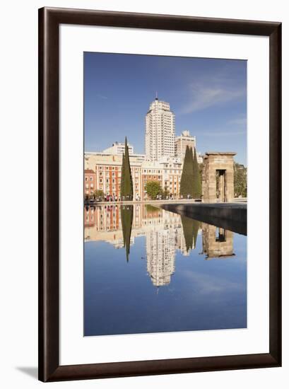 Temple of Debod (Templo de Debod), Parque del Oeste, Edificio Espana tower in the background, Madri-Markus Lange-Framed Photographic Print