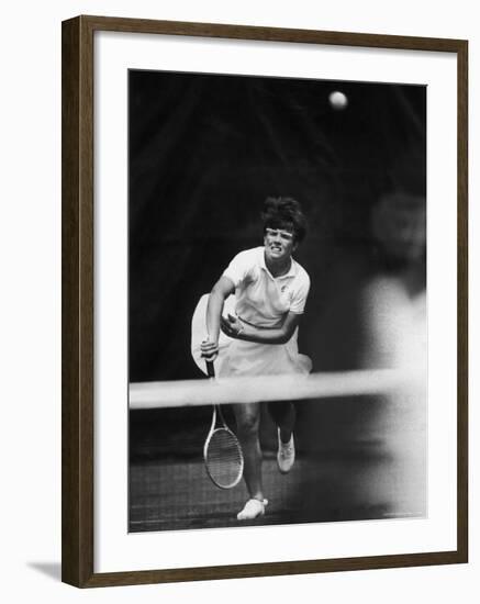 Tennis Player Billie Jean King in Action During US Championship Match at Forest Hills-Richard Meek-Framed Premium Photographic Print