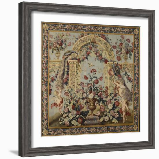 Tenture du Triomphe de Flore: Treillage et vase de fleurs-null-Framed Giclee Print