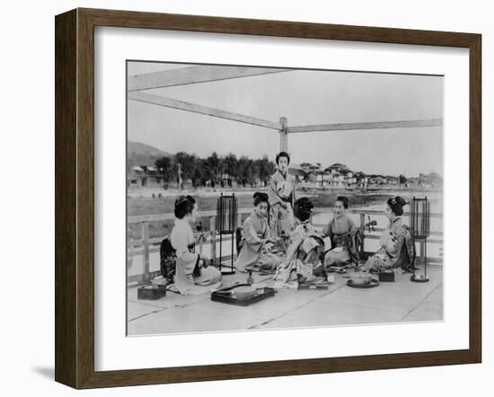 Terrace of a Tea House on the Banks of the Sumida, Tokyo, C.1867-90 (Coloured Photo)-Felice Beato-Framed Photographic Print