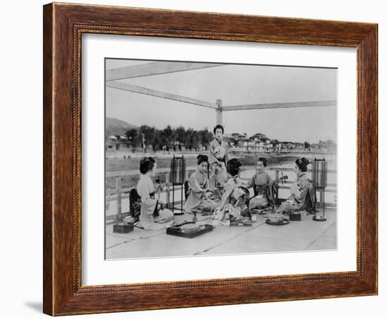 Terrace of a Tea House on the Banks of the Sumida, Tokyo, C.1867-90 (Coloured Photo)-Felice Beato-Framed Photographic Print