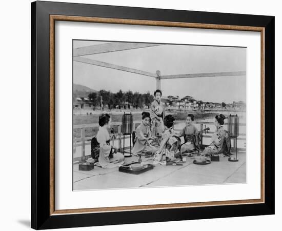 Terrace of a Tea House on the Banks of the Sumida, Tokyo, C.1867-90 (Coloured Photo)-Felice Beato-Framed Photographic Print