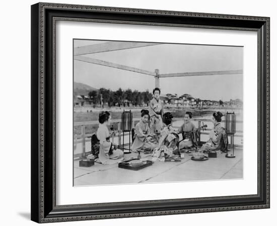 Terrace of a Tea House on the Banks of the Sumida, Tokyo, C.1867-90 (Coloured Photo)-Felice Beato-Framed Photographic Print