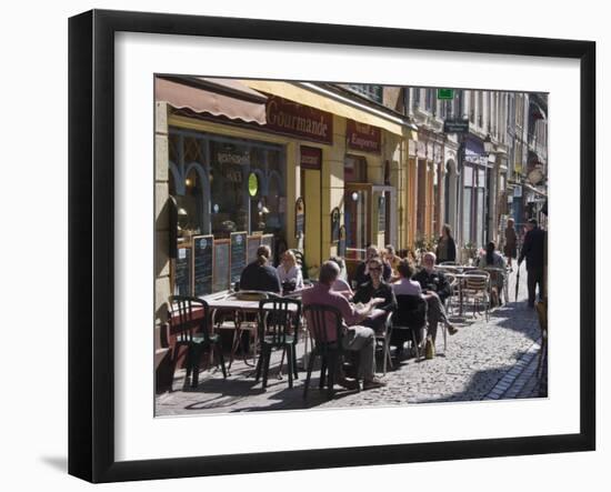 Terrace Tables Outside the Many Cafes and Restaurants on Rue De Lille in Old Quarter of Boulogne-Hazel Stuart-Framed Photographic Print