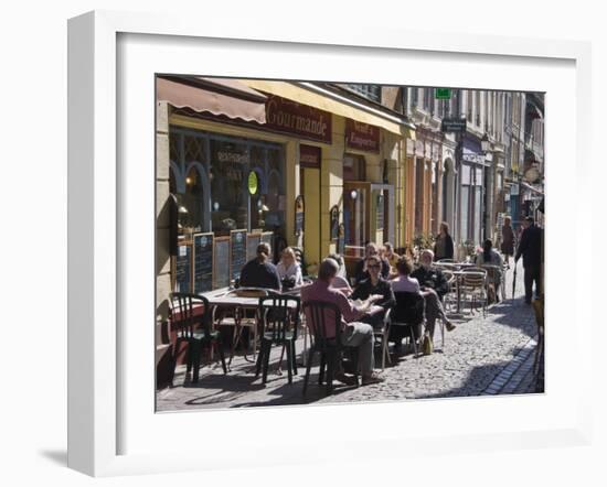 Terrace Tables Outside the Many Cafes and Restaurants on Rue De Lille in Old Quarter of Boulogne-Hazel Stuart-Framed Photographic Print