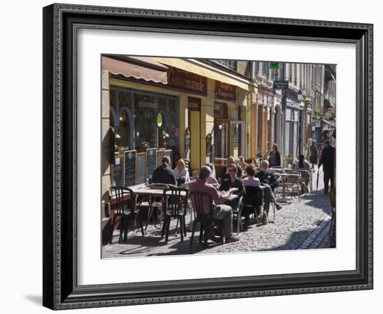 Terrace Tables Outside the Many Cafes and Restaurants on Rue De Lille in Old Quarter of Boulogne-Hazel Stuart-Framed Photographic Print