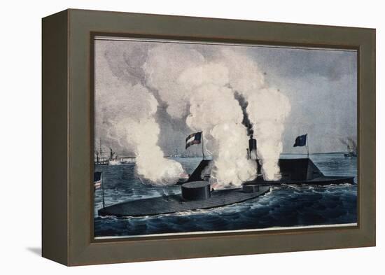 Terrific Combat Between the Monitor 2 Guns and Merrimac Ten Guns-Currier & Ives-Framed Premier Image Canvas