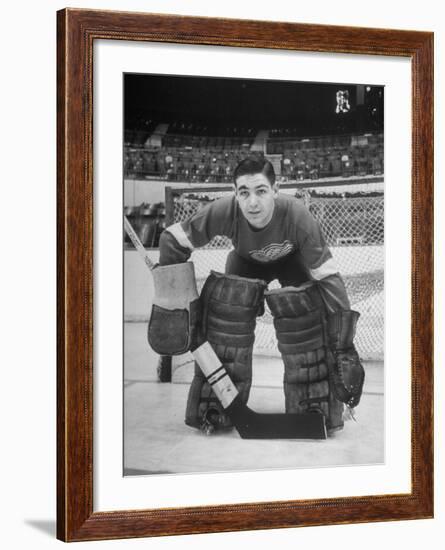 Terry Sawchuck, Star Goalie for the Detroit Red Wings, Posing in Front of Goal at Ice Arena-Alfred Eisenstaedt-Framed Premium Photographic Print