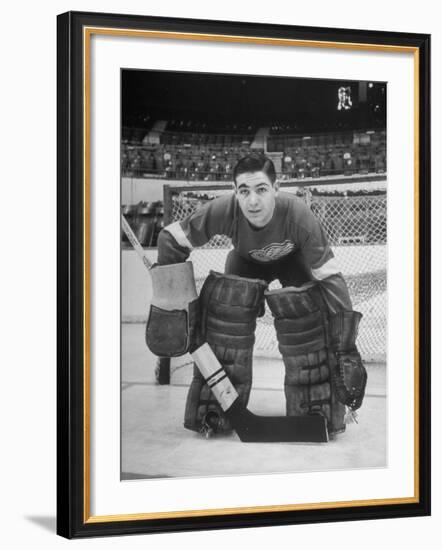 Terry Sawchuck, Star Goalie for the Detroit Red Wings, Posing in Front of Goal at Ice Arena-Alfred Eisenstaedt-Framed Premium Photographic Print