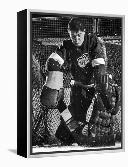 Terry Sawchuck, Star Goalie for the Detroit Red Wings, Warding Off Shot on Goal, at Ice Arena-Joe Scherschel-Framed Premier Image Canvas