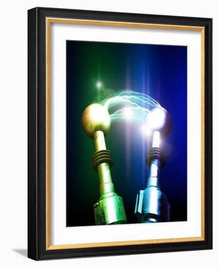 Tesla Coils Firing, Artwork-Victor Habbick-Framed Photographic Print