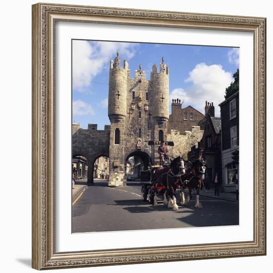 Tetley Shire Horses and Dray in Front of Micklegate Bar, York, North Yorkshire, 1969-Michael Walters-Framed Photographic Print