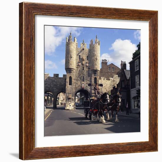 Tetley Shire Horses and Dray in Front of Micklegate Bar, York, North Yorkshire, 1969-Michael Walters-Framed Photographic Print