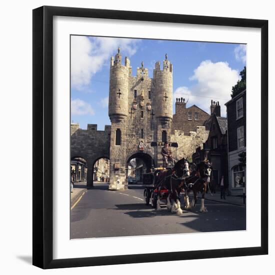 Tetley Shire Horses and Dray in Front of Micklegate Bar, York, North Yorkshire, 1969-Michael Walters-Framed Photographic Print