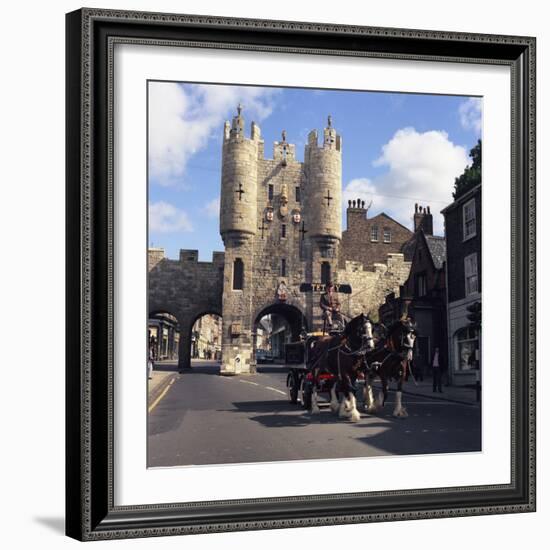 Tetley Shire Horses and Dray in Front of Micklegate Bar, York, North Yorkshire, 1969-Michael Walters-Framed Photographic Print