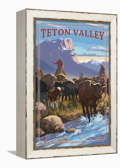 Teton Valley, Idaho - Cowboy Cattle Drive Scene-Lantern Press-Framed Stretched Canvas