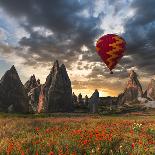 Hot Air Balloon Flying over Red Poppies Field Cappadocia Region, Turkey-Tetyana Kochneva-Framed Photographic Print