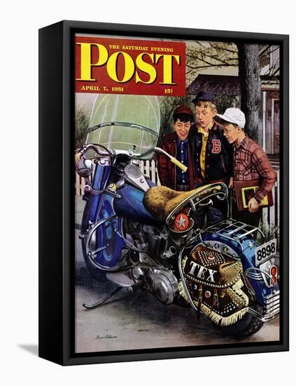 "Tex's Motorcycle" Saturday Evening Post Cover, April 7, 1951-Stevan Dohanos-Framed Premier Image Canvas