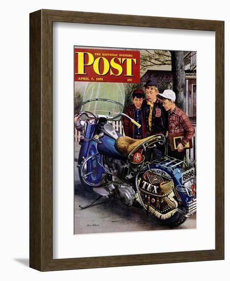 "Tex's Motorcycle" Saturday Evening Post Cover, April 7, 1951-Stevan Dohanos-Framed Giclee Print