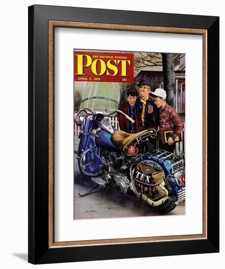 "Tex's Motorcycle" Saturday Evening Post Cover, April 7, 1951-Stevan Dohanos-Framed Giclee Print