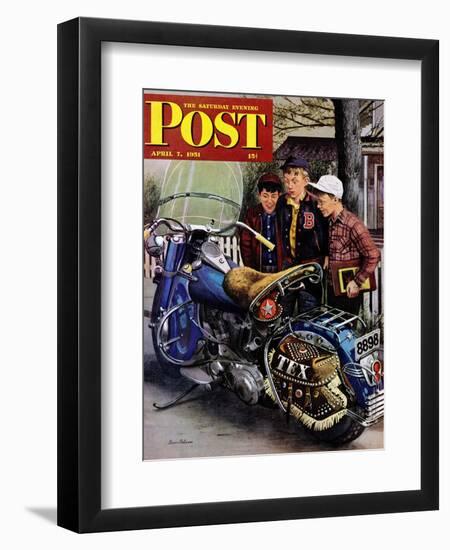 "Tex's Motorcycle" Saturday Evening Post Cover, April 7, 1951-Stevan Dohanos-Framed Giclee Print