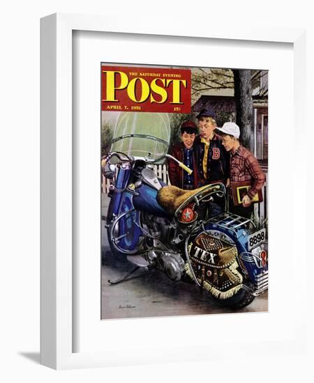 "Tex's Motorcycle" Saturday Evening Post Cover, April 7, 1951-Stevan Dohanos-Framed Giclee Print