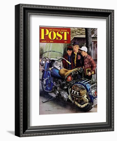 "Tex's Motorcycle" Saturday Evening Post Cover, April 7, 1951-Stevan Dohanos-Framed Giclee Print