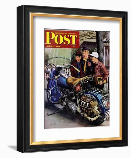 "Tex's Motorcycle" Saturday Evening Post Cover, April 7, 1951-Stevan Dohanos-Framed Giclee Print