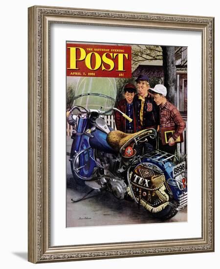 "Tex's Motorcycle" Saturday Evening Post Cover, April 7, 1951-Stevan Dohanos-Framed Giclee Print