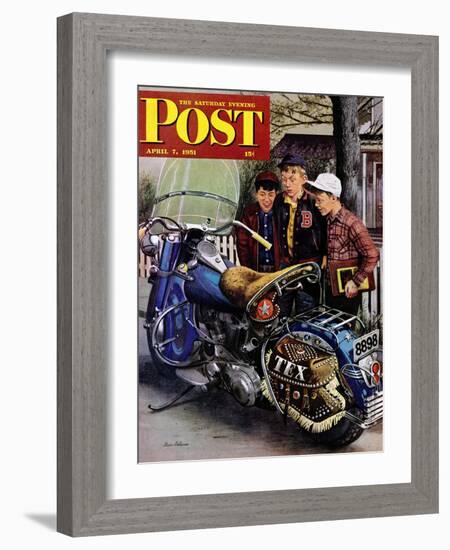 "Tex's Motorcycle" Saturday Evening Post Cover, April 7, 1951-Stevan Dohanos-Framed Giclee Print