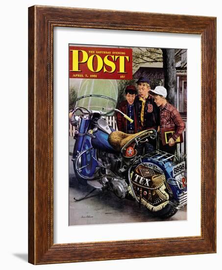 "Tex's Motorcycle" Saturday Evening Post Cover, April 7, 1951-Stevan Dohanos-Framed Giclee Print