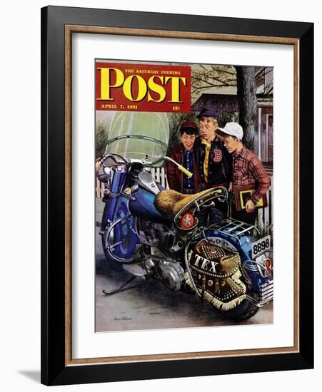 "Tex's Motorcycle" Saturday Evening Post Cover, April 7, 1951-Stevan Dohanos-Framed Giclee Print