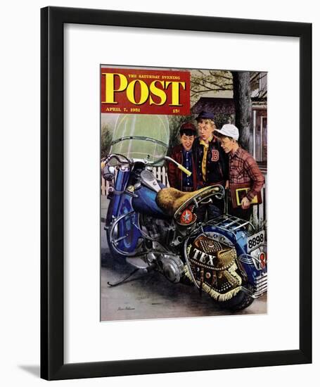 "Tex's Motorcycle" Saturday Evening Post Cover, April 7, 1951-Stevan Dohanos-Framed Giclee Print