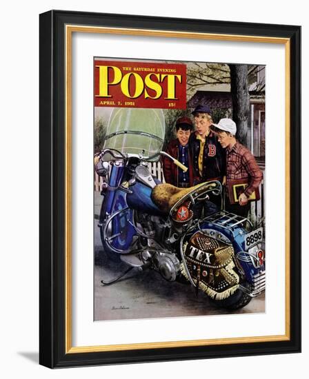 "Tex's Motorcycle" Saturday Evening Post Cover, April 7, 1951-Stevan Dohanos-Framed Giclee Print