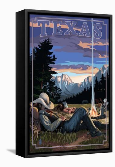 Texas - Cowboy Camping Night Scene-Lantern Press-Framed Stretched Canvas