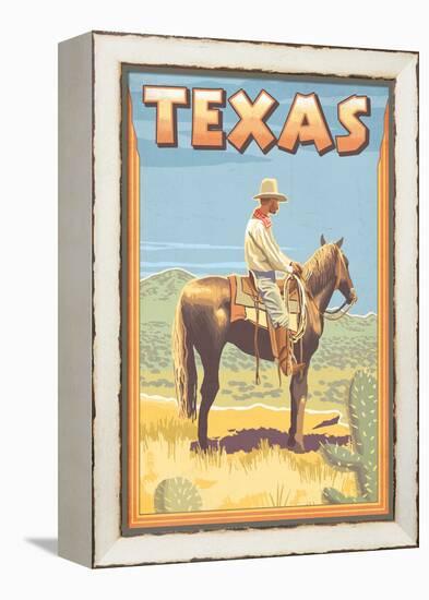 Texas - Cowboy on Horseback-Lantern Press-Framed Stretched Canvas