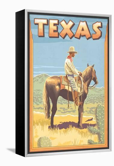 Texas - Cowboy on Horseback-Lantern Press-Framed Stretched Canvas