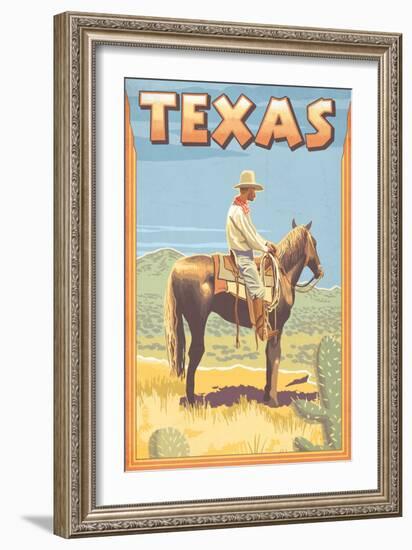 Texas - Cowboy on Horseback-Lantern Press-Framed Art Print