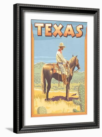 Texas - Cowboy on Horseback-Lantern Press-Framed Art Print