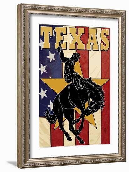 Texas - Cowboy with Bucking Bronco-Lantern Press-Framed Art Print