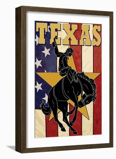 Texas - Cowboy with Bucking Bronco-Lantern Press-Framed Art Print